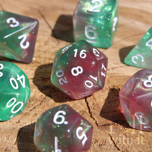 Watermelon Ice Dice - Glow in the Dark Dungeons and Dragons Dice Set | 7 Polyhedral Dice | RPG Dice | Tabletop Roleplaying
